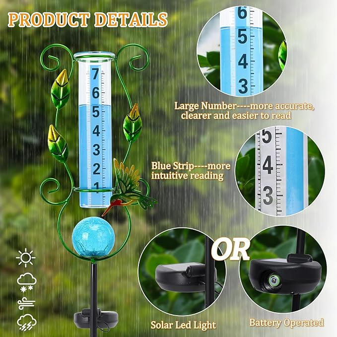 WONDER GARDEN Solar Rain Gauge Outdoor, Hummingbird Decorative Rain Gauges Outdoors Best Rated with Blue Crackled Glass Ball, Freeze Proof Water Rain Measure Gauge for Yard Patio Lawn Decor