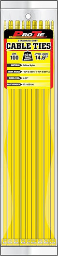 Pro Tie Standard Duty, Self-Locking Nylon Cable Wire Ties for Indoor and Outdoor Use | 14.6-Inch, 50 lbs. Tensile Strength, Yellow Nylon, 100-Pack (PN: YL14SD100)