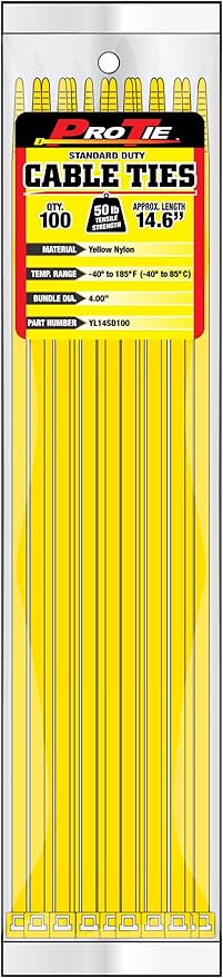 Pro Tie Standard Duty, Self-Locking Nylon Cable Wire Ties for Indoor and Outdoor Use | 14.6-Inch, 50 lbs. Tensile Strength, Yellow Nylon, 100-Pack (PN: YL14SD100)
