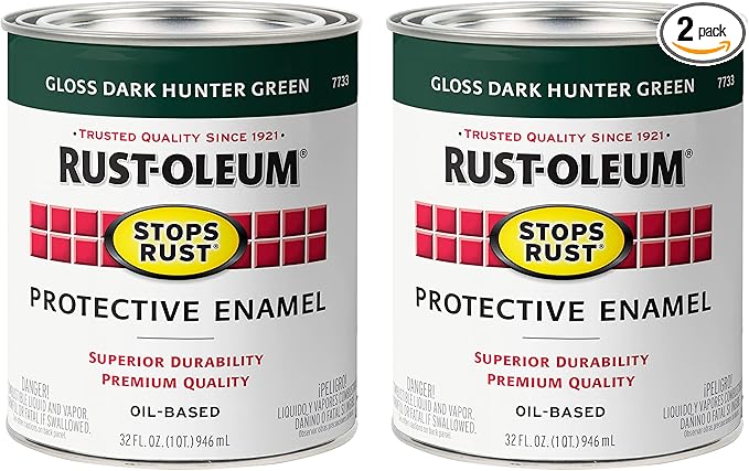 Rust-Oleum 7733502-2PK Stops Rust Brush On Paint, Quart, Gloss Dark Hunter Green, 2 Pack