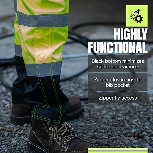 Pioneer Hi Vis Ripstop Waterproof Bib Pants/Overalls for Men - Reflective Safety Work Rain Pants - High Visibility Yellow