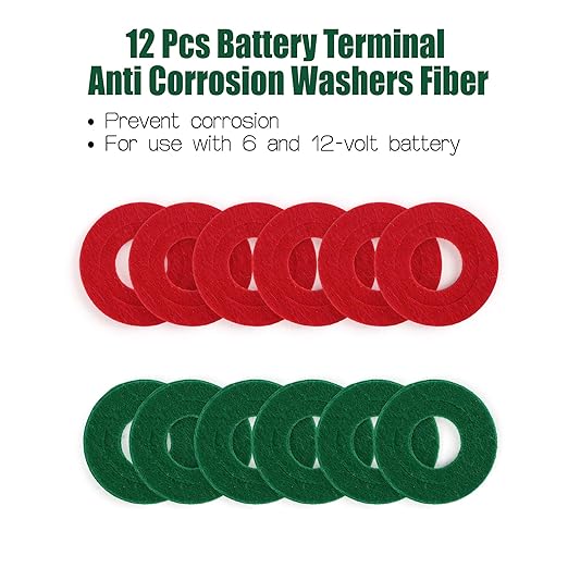 LotFancy Battery Terminal Cleaners (2 pcs), Plus 12 pcs Battery Terminal Anti-Corrosion Fiber Washers (6 Red & 6 Green) for Car Marine Battery