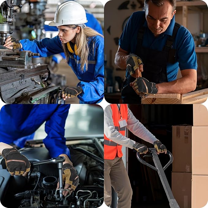 HANDLANDY Fingerless Work Gloves for Mens & Women, Uwrist Half Finger Shock-Absorbing Breathable Glove
