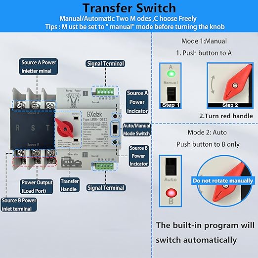 Automatic Generator Transfer Switch 100A 3P 4-Wire 120/240V Automatic/Manual Generator Transfer Switch Ensures Stable Power Transmission, Easy to Use