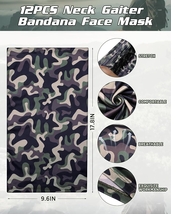 Cuffbow 12 Pack Neck Gaiters Face Mask Bandana Balaclava for Men Women Cooling Neck Gaiter Summer UV Sun Protection Scarf