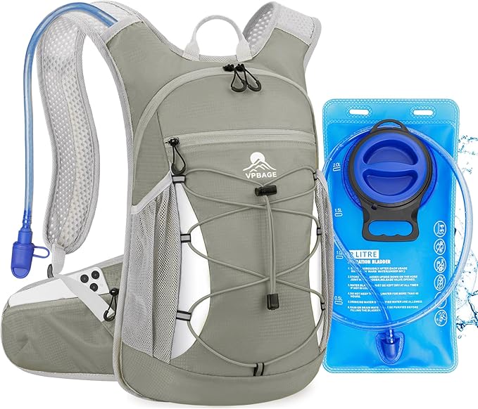 Hydration Backpack with 2L Water Bladder - Lightweight 15L Daypack with Phone-Sized Hip Belt Pockets, Anti-Chafe Cotton Edging & No-Bounce Straps - Small Water Backpack for Hiking, Running, Skiing