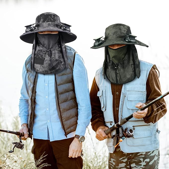 2 Pcs Solar Fan Hats Wide Brim Fishing Hats with 2 Solar Fan and Removable Face Cover Cooling Buckets for Men Women