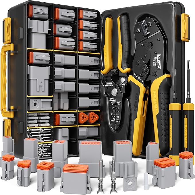 DT Series Connector Crimping Tool Kit, 2-12 Pin Waterproof Connectors, Size 16 Stamped Contacts (22-14 AWG), Ratcheting Crimper Stripper & Removal Tools for Auto, Compatible with Deutsch DT