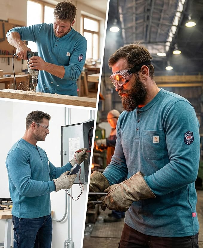 BOCOMAL FR Shirts Henley 7oz Midweight Fire Resistant Clothing NFPA2112 CAT2 Men's Flame Retardant Work Shirt