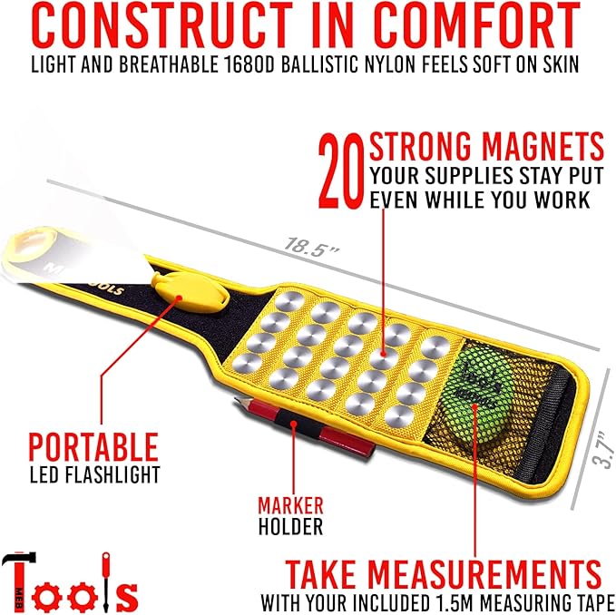 Magnetic Wristband with Flashlight and Tape Measure – Screw, Drill Bit, and Nail Holder with 20 Strong Magnet Pieces Increases Convenience for DIY, Carpenters, Mechanics, and More by MEBTOOLS