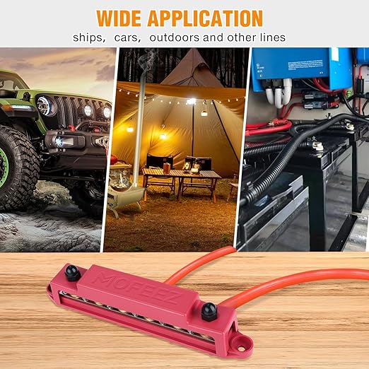 MOFEEZ Power Distribution Block Bus Bar, 6 x 3/8" Posts, 10 x #8 Screws Terminals, Max 48V 250A (Pair, Red & Black)
