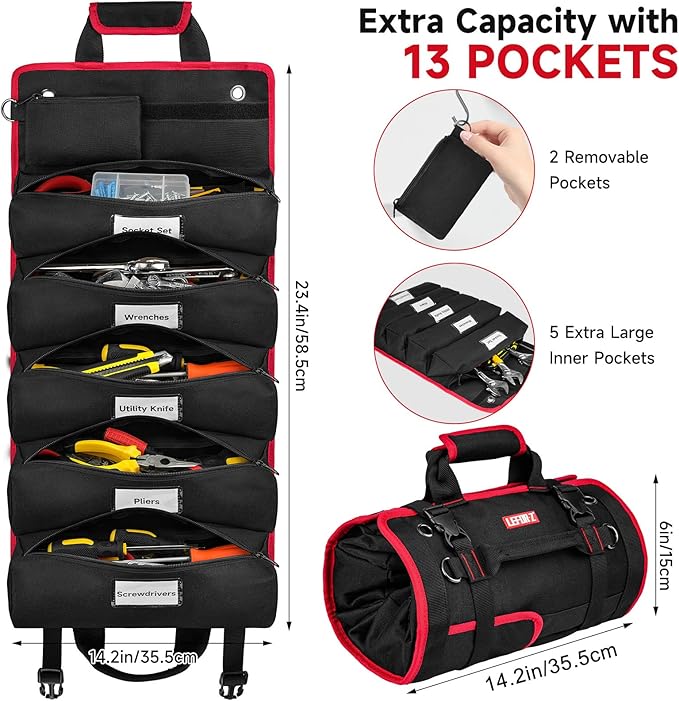 Tool Bag,Large Roll Up Tool Bag Organizer,13 Pockets Tool Roll Storage Pouch,Heavy Duty Portable Tool Storage Carrier Bag for Men,Mechanic,Electrician,Valentines Day Gifts for Men,Black/Red