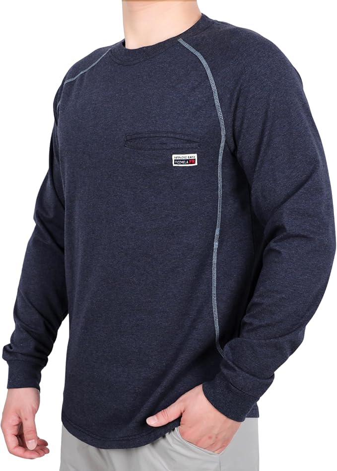 TICOMELA FR T-Shirt, Flame Resistant, Stretch Fit, Hidden Pocket, 6oz Crew Neck Work Shirt for Men 100% Cotton