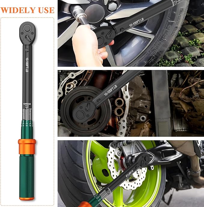 3/8 Drive Torque Wrench, 10-100 Ft-lb, ±3% High Accuracy Click Torque Wrench with 72-Tooth Dual-Direction Head for Spark Plugs, Engine Repair, Motorcycles and Automotive Maintenance
