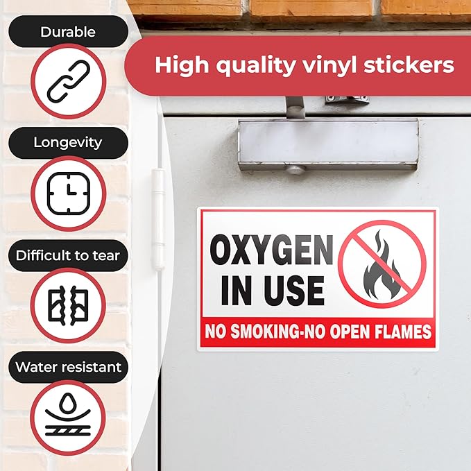 2Pcs Oxygen in Use Sign Self Adhesive Vinyl - No Smoking Area Oxygen 4 Mil Vinyl Decal Indoor Outdoor Office - 3" X 5" No Open Flame Sticker No Smoking Sign Sticker