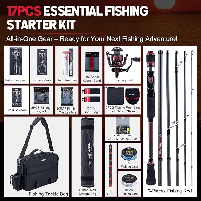 Goture Spinning Fishing Rod & Reel Combo with Carrier Bag,6.6-9FT,Spin Reels, Lures Kit, Pliers, Braided Line, Fish Gripper, Carbon Fiber Freshwater Fishing Rod Full Kit for Starter