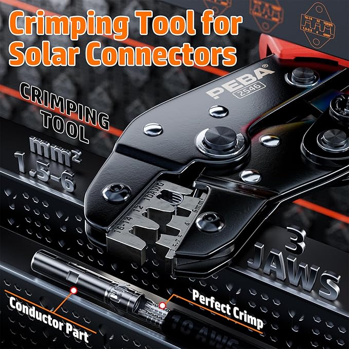 PEBA Solar Crimping Tool for 16-10AWG Solar Panel PV Cable, Solar connector crimping tools/Solar PV Tool, Solar Crimper for installing Solar Connectors easily and accurately, Orange+black