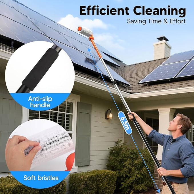 Electric Solar Panel Cleaning Brush and Pole, 20FT Telescopic Cleaning Roller Brush with Water Fed Pole，2 Hours Runtime, 2 Spin Speeds, for Solar Panlel, Outside High Window, Roof (Orange)