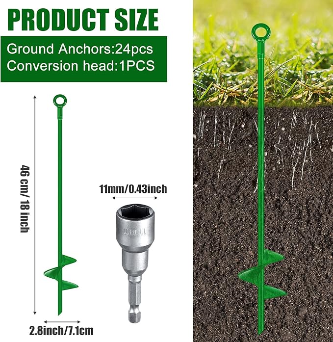 Chumia 6 Pcs 18 Inch Ground Anchor Spiral Blade Heavy Duty Earth Anchors Swing Set Metal Shed Kit for Garden Securing Trees Tents Trampoline Canopies Shelters (Green)