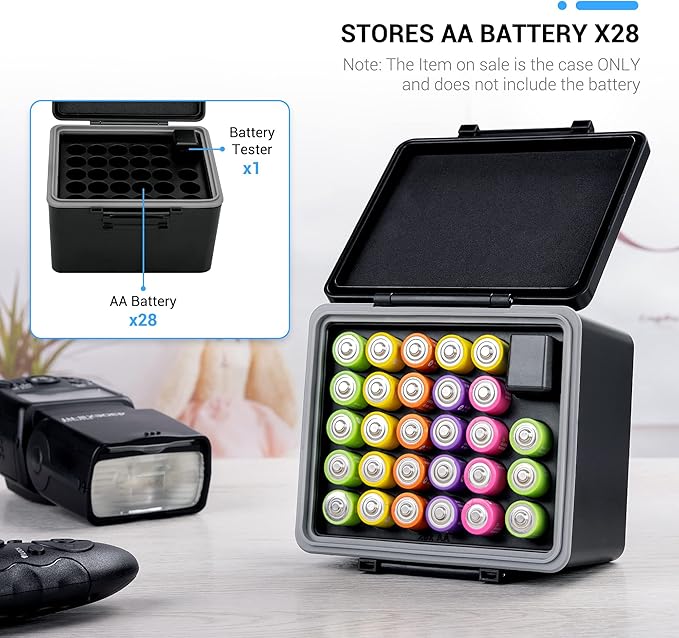 JJC AA Battery Case for 28x AA, AA Battery Storage Case with Detachable Tester,28 Slots AA /14500 holder Organizer Storage for Household Batteries,Water-Resistant and Shockproof