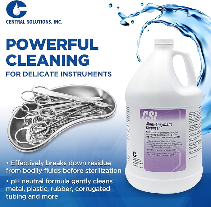 CSI Central Solutions Multi Enzymatic Cleanser - Hospital Grade Medical Instrument Cleaner for Presoak and Manual Processing, 1 Gal, 4 Pack