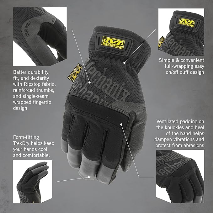 Mechanix Wear FastFit Work Gloves - Anti-Slip & Abrasion Resistant Heavy Duty Gloves - Touchscreen Compatible - Vibration Damping - Multipurpose Use - Large - Black