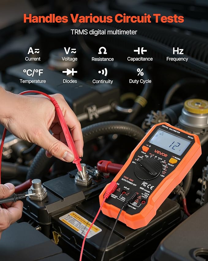 VEVOR Digital Multimeter, 6000-Count TRMS DC/AC Voltmeter Current Tester, Professional NCV Multimeter for Current Voltage Resistance Capacitance Duty-Cycle Tempetature Diodes Continuity Live Wire Test