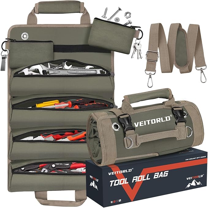 Tool Roll Up Bag, Gifts for Men Dad from Wife Daughter Fathers Day, Portable Tools Box Storage for Men, Heavy Duty Tool Organizer W/Detachable Pouches for Electrician Mechanic Carpenter