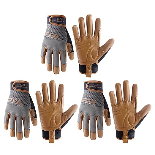 HANDLANDY Leather Work Gloves Mens & Women, Utility Safety Mechanic Working Gloves Touch Screen, Flexible Breathable Yard Work Gloves (Large, Brown-Cowhide Palm, Pack of 3)