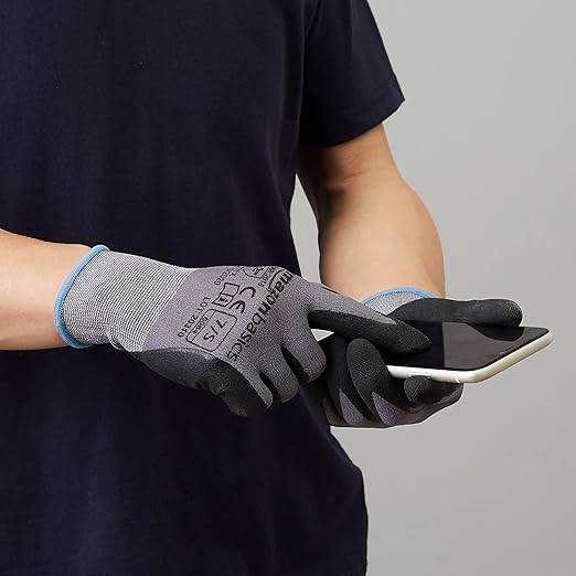 Amazon Basics Micro-Foam Nitrile Coated Safety Work Gloves, Nylon Liner Fiber, Touch Screen Compatible, Grey, Size 7 (S), 6-Pack