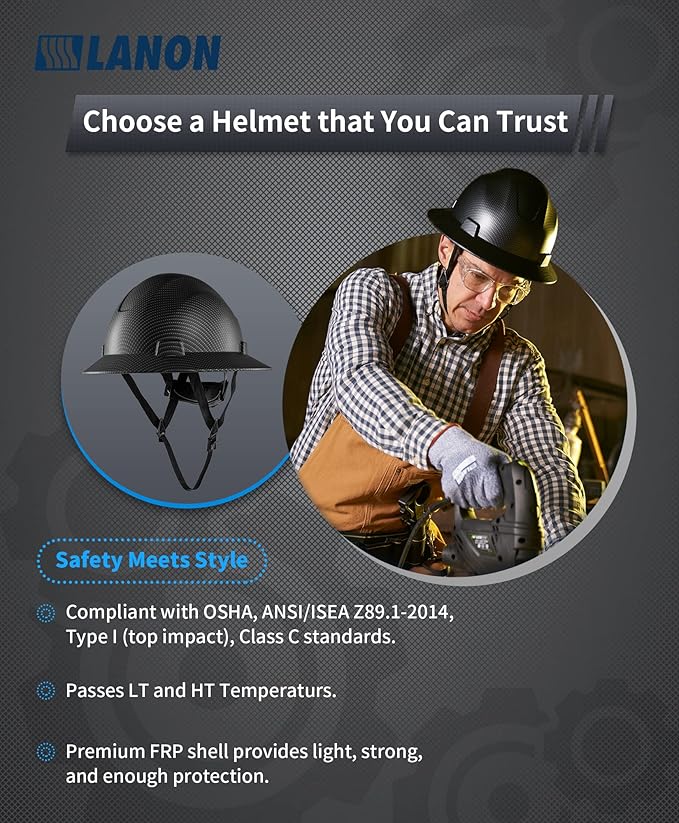 LANON Full Brim Hard Hat, OSHA Construction Work Approved, Premium Grey Dots Design, FRP Safety Helmet with 4 Point Adjustable Ratchet Suspension, Class C