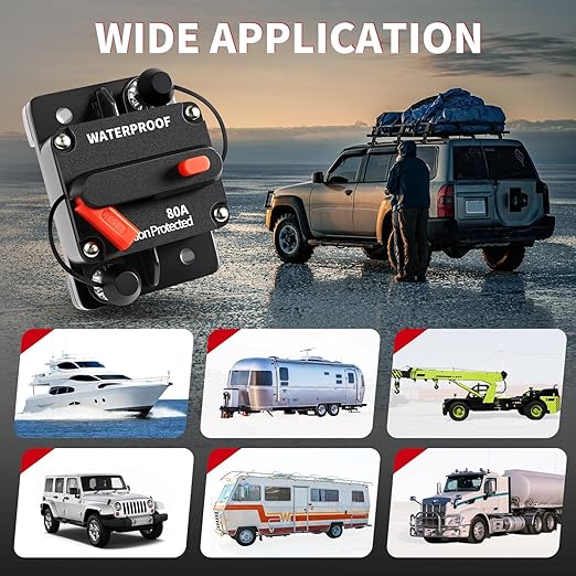 80Amp Circuit Breaker Waterproof Marine Motor Accessory for Boat Trolling ATV Trailer Vehicles Stereo Audio Electronic Battery Solar System Inline Fuse with Manual Reset Switch DC 12V-48V