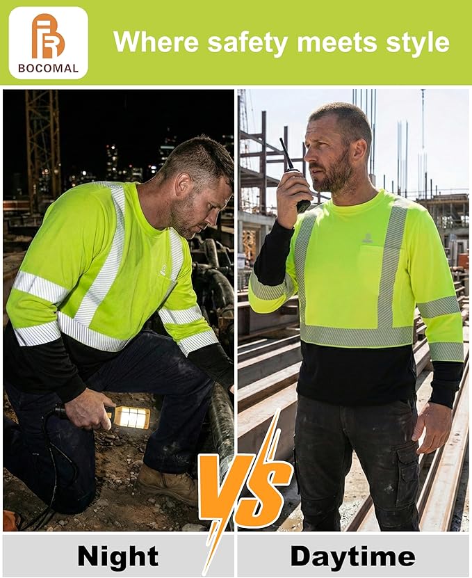 BOCOMAL Reflective FR Shirts High Visibility Summer Vented Mesh Long Sleeve Crewneck Lightweight Flame Resistant Workwear