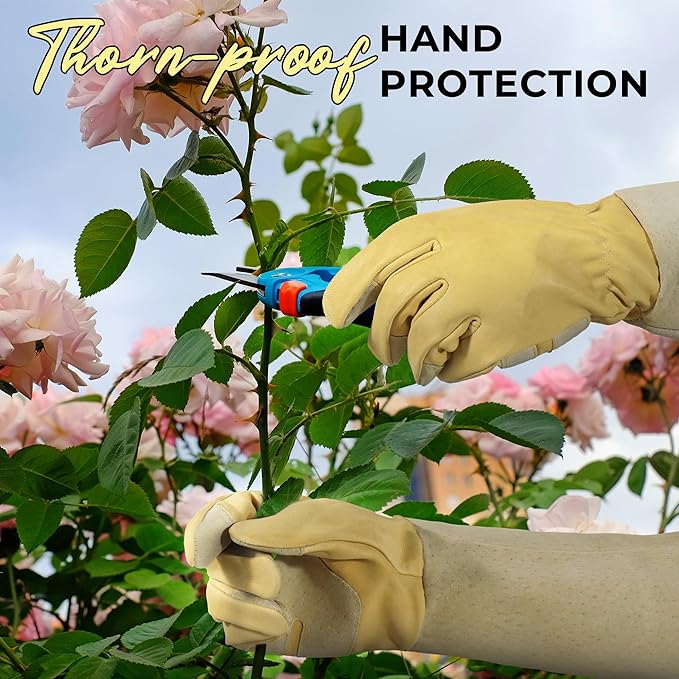 HANDLANDY Rose Pruning Gardening Gloves for Men Women, Thorn Proof Forearm Protection Leather Garden Gloves, Gardening Gifts for Gardeners (Vanilla, Small)