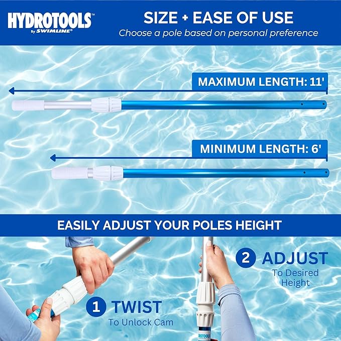 SWIMLINE HYDROTOOLS 83515 2-Piece Telescopic Pole 6 To 11 Feet Adjustable Telepole For Swimming Pool Cleaning Skimmer Nets Vacuum Heads & Brushes Step-Up Anodized Aluminum W/ Strong Grip & Lock
