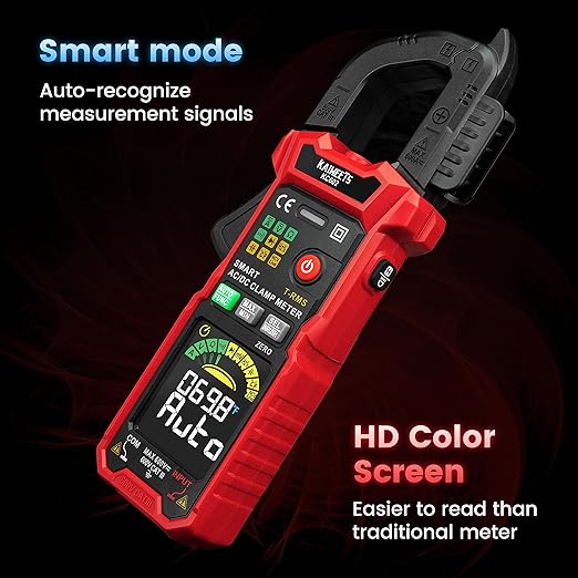 KAIWEETS Smart Digital Clamp Meter with D-Shaped Jaws, Clamp Multimeter with Inrush Current Function, Auto-ranging Amp Meter Built-in HD Color Screen, Measures AC/DC Current Voltage Temperature NCV