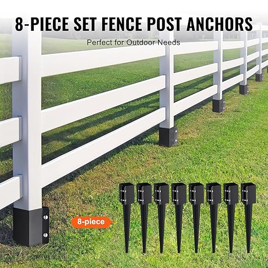 VEVOR Fence Post Anchor, 8 Pack 4 x 4 Inches Outer Diameter (Inner Diameter 3.5 x3.5 Inches) Ground Spike 24", Metal Black Powder Coated Post Stake Ground, for Mailbox Deck Garden Railing