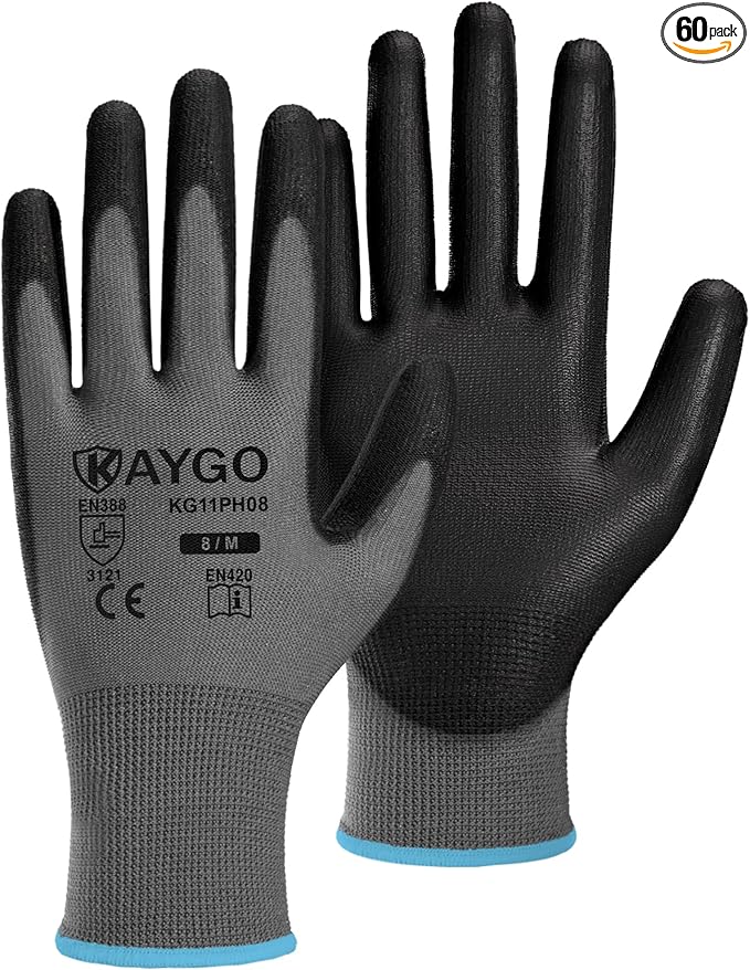 KAYGO Work Gloves for Men and Women,60 Pairs Seamless Knit PU Coated Safety Gloves, with Smooth Grip on Palm and Fingers, Ideal for Light Warehouse, Manufacturing, Gardening, KG11P (M,Gray)