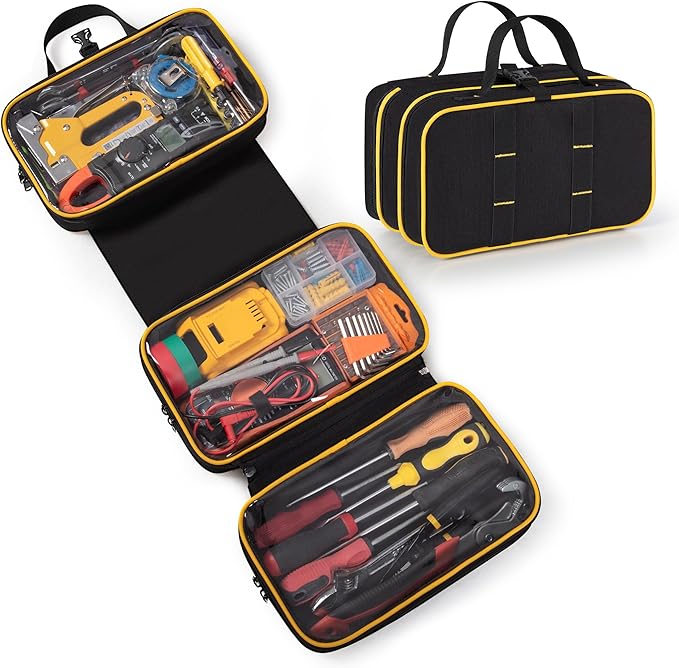 Roll Up Tool Bag with 3 Clear Window Cases (One Detachable), Tri-fold Tool Bag Organizer for Hand Tools, Black