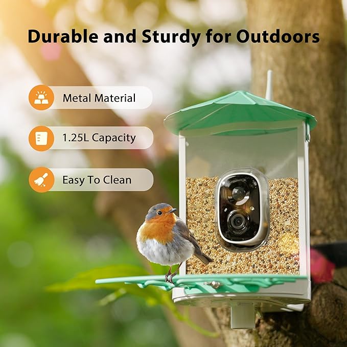 Birdkiss Smart Bird Feeder with Camera Solar, Auto Capture Bird Videos & Motion Detection, Birds Watching Camera Notify in Time, Metal Birds Feeder with Seed Guard, Ideal Present for Mom (Green)