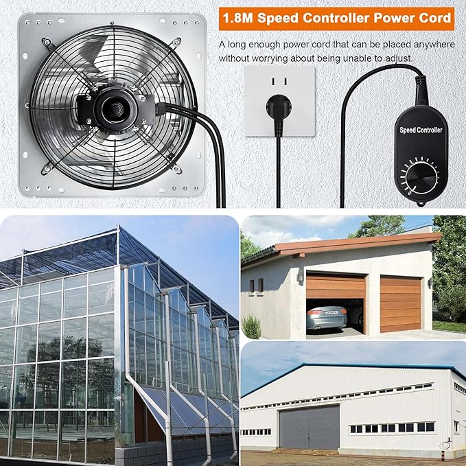 Hiorucet 10 Inch Shutter Exhaust Fan with Speed Controller and Power Cord Kit for Garage, Greenhouse, Attics, Chicken Coop, Shed, Basement, 844CFM 1606RPM Low Noise Wall Mounted Louvered Exhaust Fan.