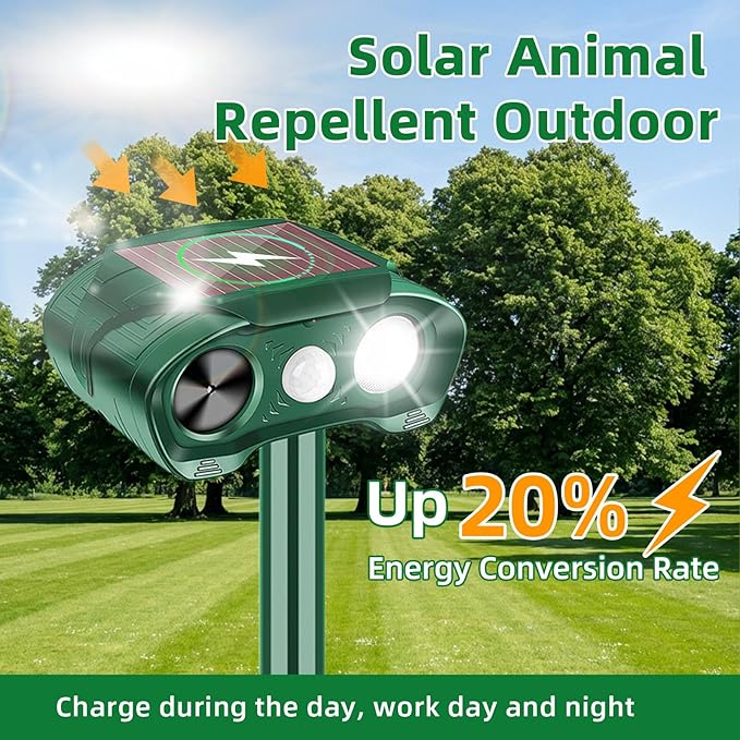 2 Pack Solar Ultrasonic Animal Repeller Outdoor Cat Deer Repellent Devices with Strobe Flashing Light - Keep Squirrels, Dogs, Raccoons,Rabbits,Skunks Away from Garden Yard Farm Animal Deterrent