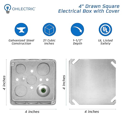 OHLECTRIC 4x4 Electrical Junction Boxes with Blank Covers (20-Pack) 1-1/2 Inch Deep, 21 Cu. in. 4 Inch, Heavy-Duty Metal Outlet Boxes, Bulk Pack Steel Box Duplex Receptacle & Black Cover, UL Listed
