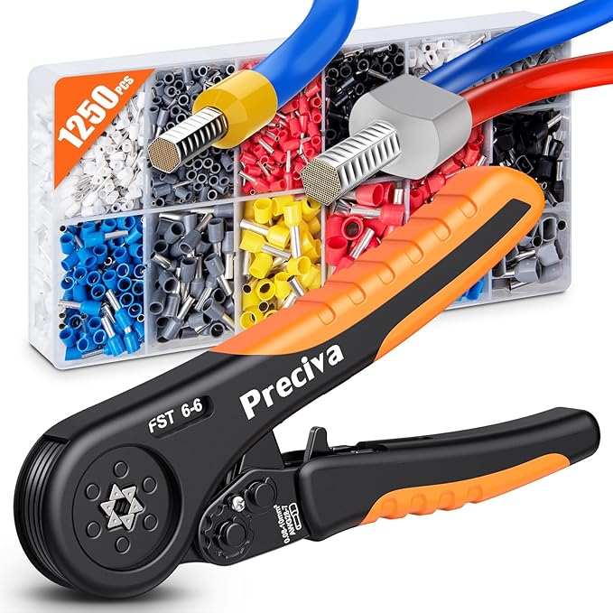 Preciva Ferrule Crimping Tool Kit, Hexagonal Ratchet Wire Crimp Pliers for AWG 28-7with 1250PCS Single & Twin Ferrules Connectors