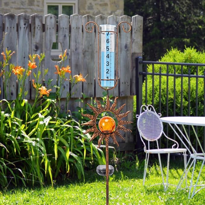 MUMTOP Rain Gauge Outdoor, 34 Inch Large Number Solar Lights Sun Water Gauge for Lawn, Yard and Garden