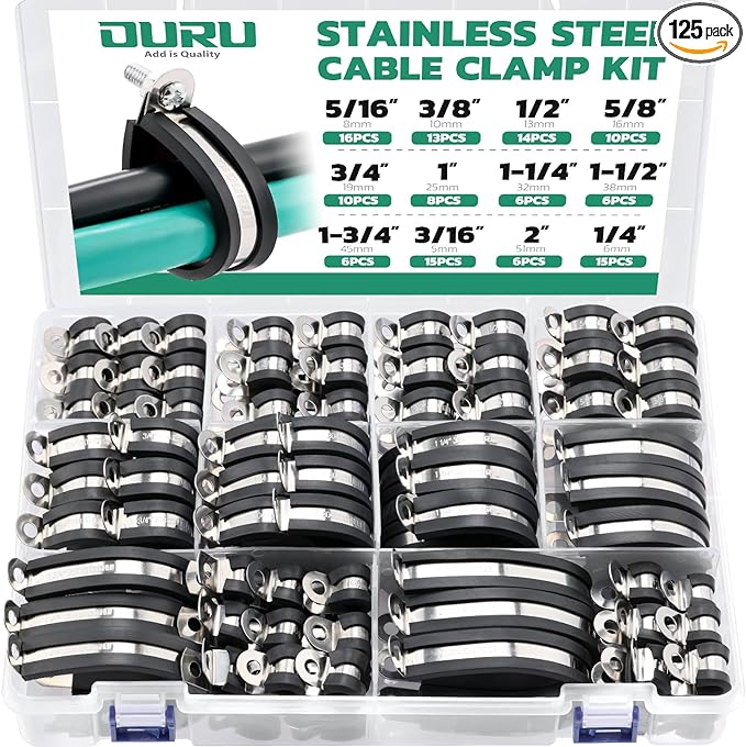 125PCS Cable Clamp,12 Sizes Stainless Steel Rubber Coated Cushioned Insulated Cable Clamps Assortment Kit-Metal Wire Clamps,Cable Clips,Pipe Clamps