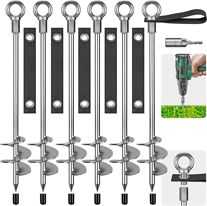 Fully Welded Ground Trampoline Anchors, 30'' Spiral Mobile Home Anchors, 6pcs Earth Anchor Heavy Duty Shed Anchor Kit with Straps for Securing Swing Sets, Animals, Trees, Tents, Shed, Carport