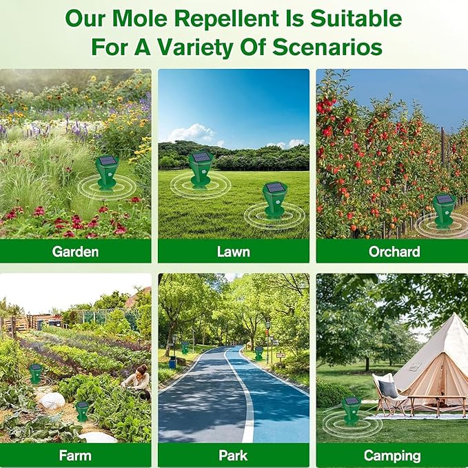 Mole Repellent Solar Powered, 4 Pack Ultrasonic Gopher Repeller IP65 Waterproof for Lawn Garden Yard, Sonic Vole Repellent Mole Killer Outdoor Get Rid of Snake Groundhog Chipmunk Squirrels, Green