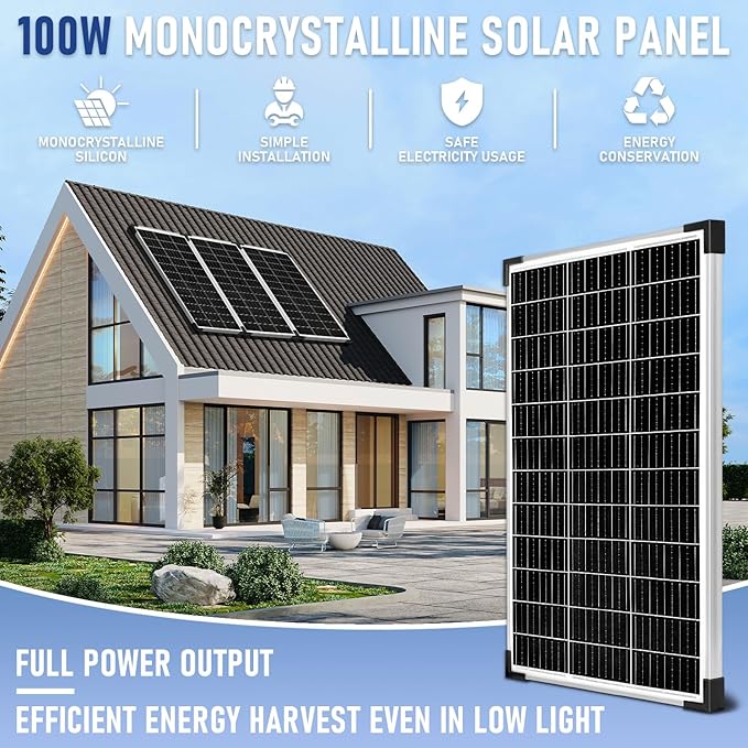 Solar Panel Kit 100W 12V Monocrystalline,Battery Maintainer +20A Solar Charge Controller +16.4Ft Extension Cable with Battery Clips O-Ring Terminal for RV Marine Boat Off Grid System
