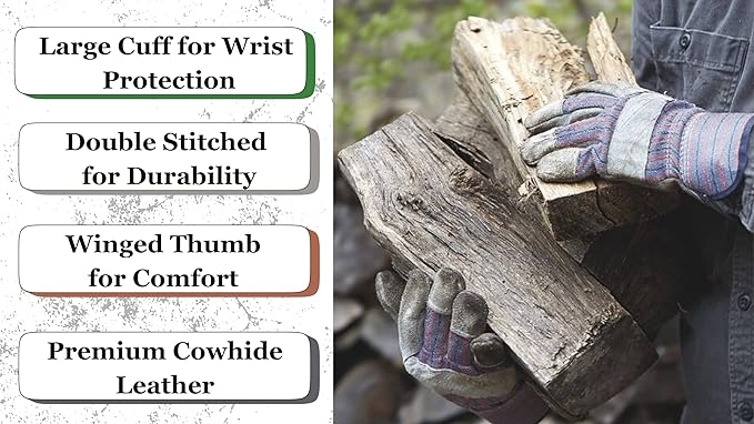 Greendale (3, 6 or 12 Pack - Leather & Cotton Work Gloves: Garage, Yard, Garden, Industrial, Commercial - One Size Fits Most